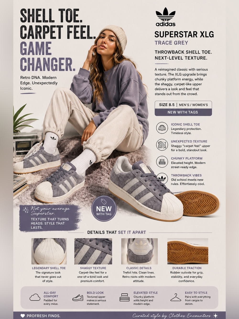 Adidas Superstar XLG Trace Grey men's 8.5 / women's  chunky platform 40 2/3 EU